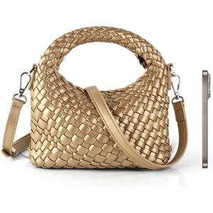 Golden vegan woven handbag for women with detachable crossbody strap